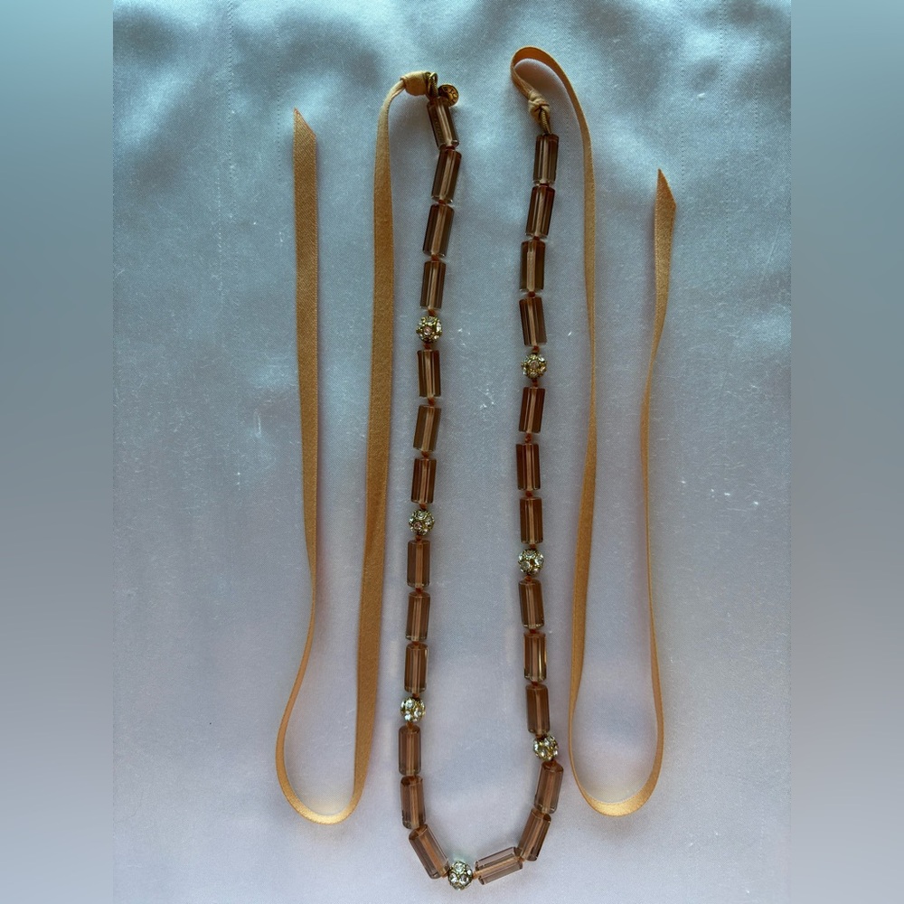 JCrew amber glass bead and rhinestone necklace with ribbon ties